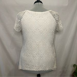 Brittany Black, Women’s, white, floral lace, short sleeve top, rose appliqué, XL
